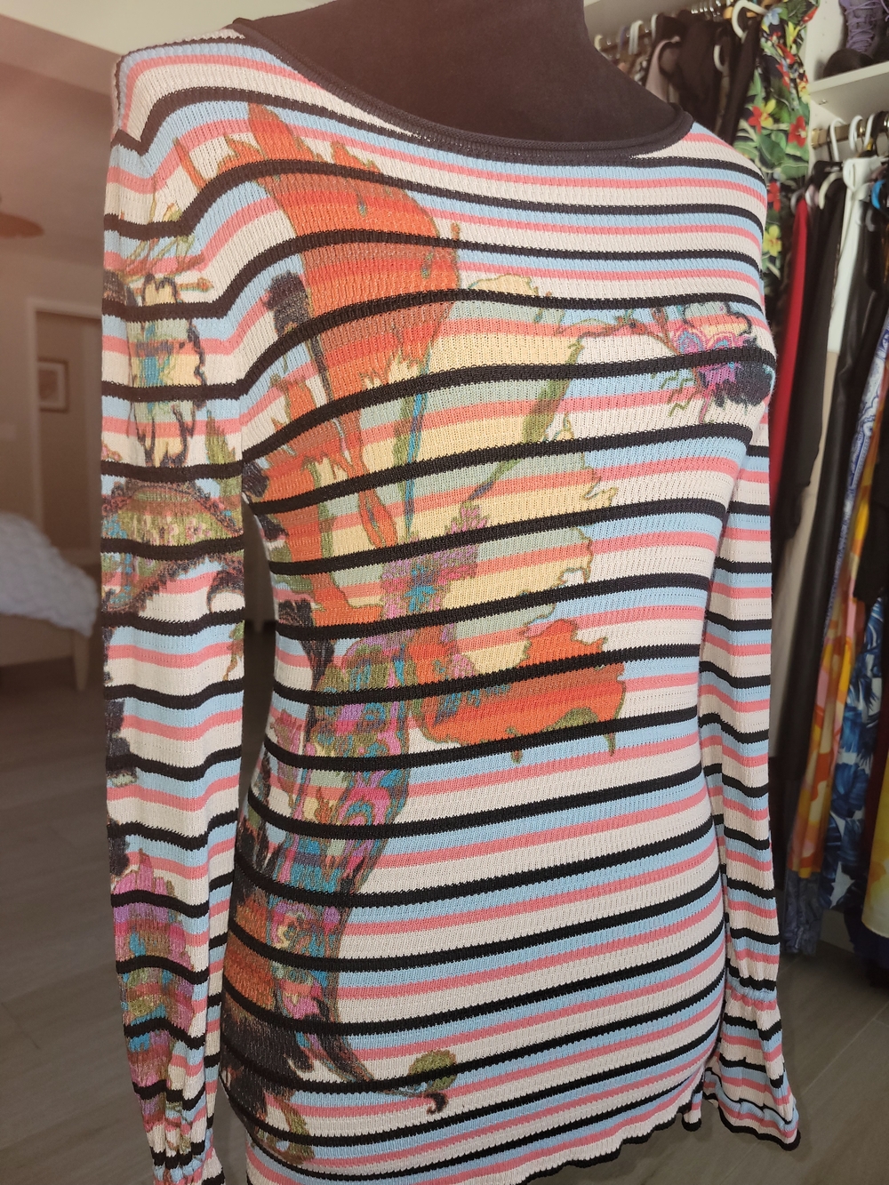 Etro 42 Striped Floral Long-Sleeve Women's Top - Pink/Black - Picture 2 of 3